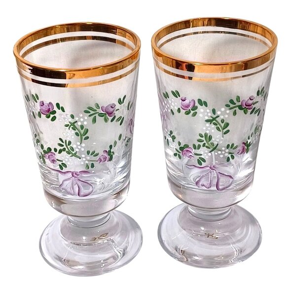 2 Antique Moser Enameled Pedestal Glasses Gold Rim Purple Floral Swags Design - Picture 1 of 16